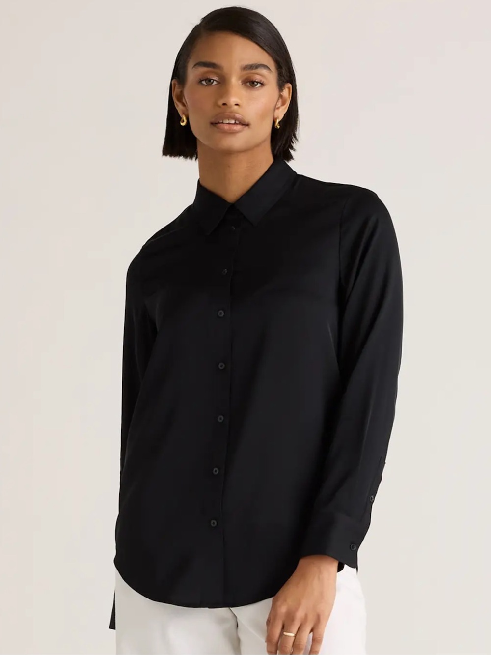Quince Washable Stretch Silk Blouse Black Long-Sleeve Button-Down Shirt